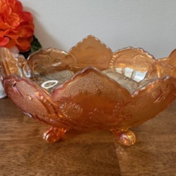 Jeanette Glass Marigold Carnival Dish Vintage Lombardi Pattern Iridescent Oval B - Picture 2 of 5